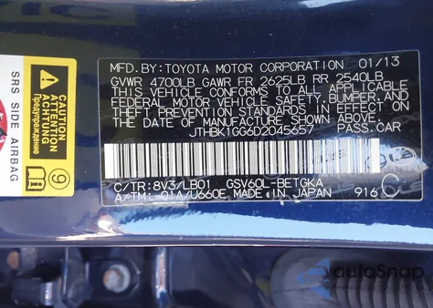 2013 Lexus Es 350 из США, поврежденный, VIN JTHBK1GG6D2045657